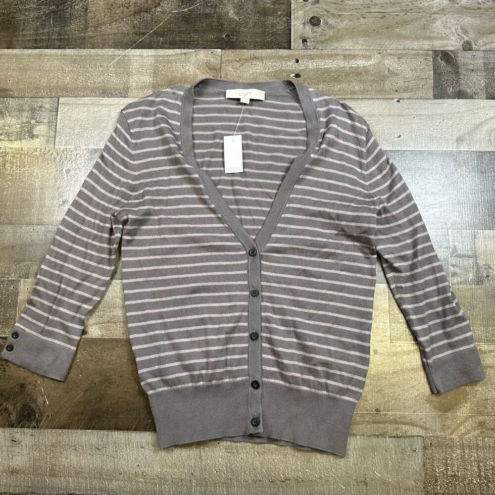 Ann Taylor Loft Women’s Size Small Button Up Cardigan Sweater Grey Striped NWT